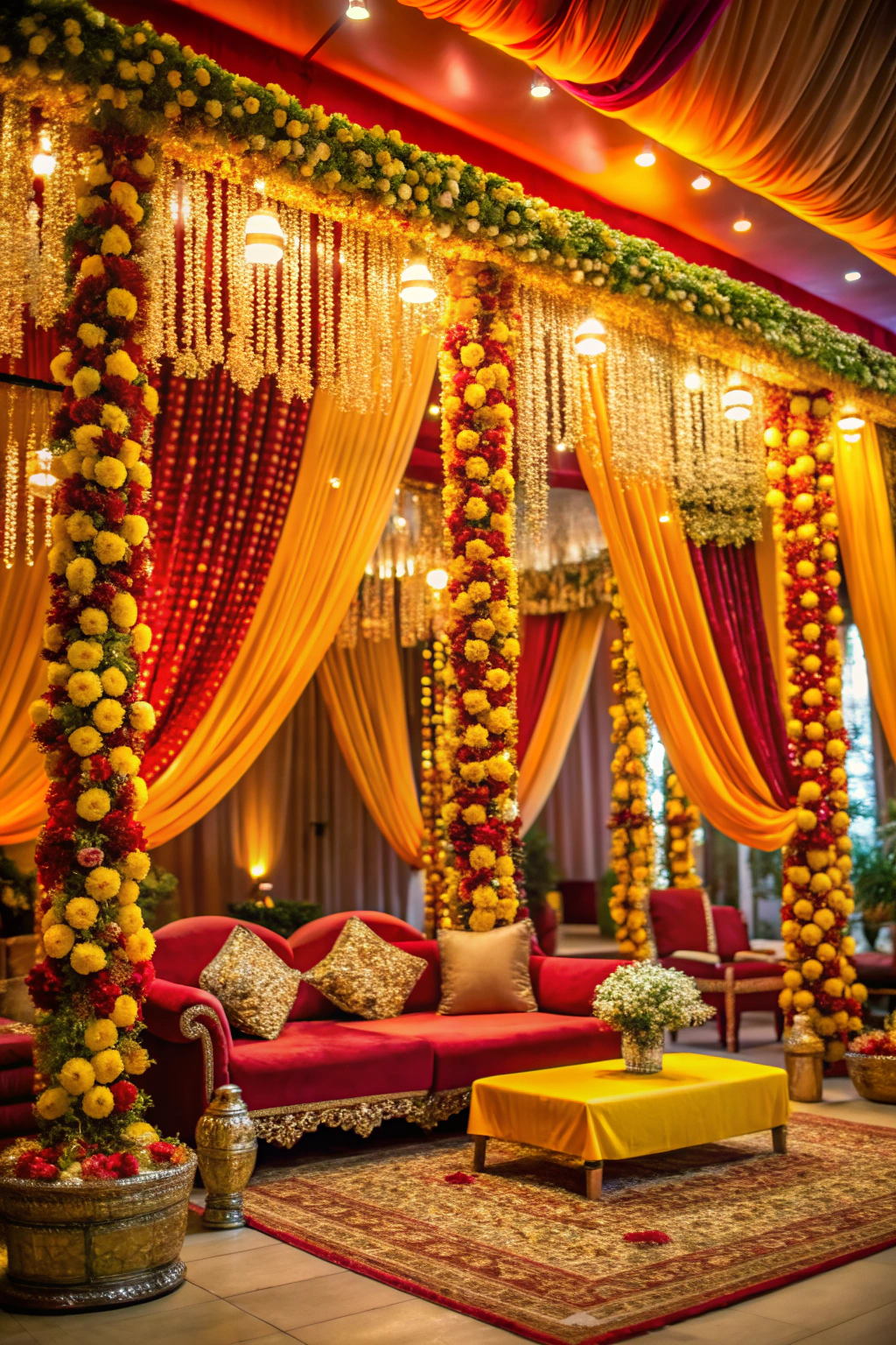 Opulent lounge with vibrant drapes and floral decor