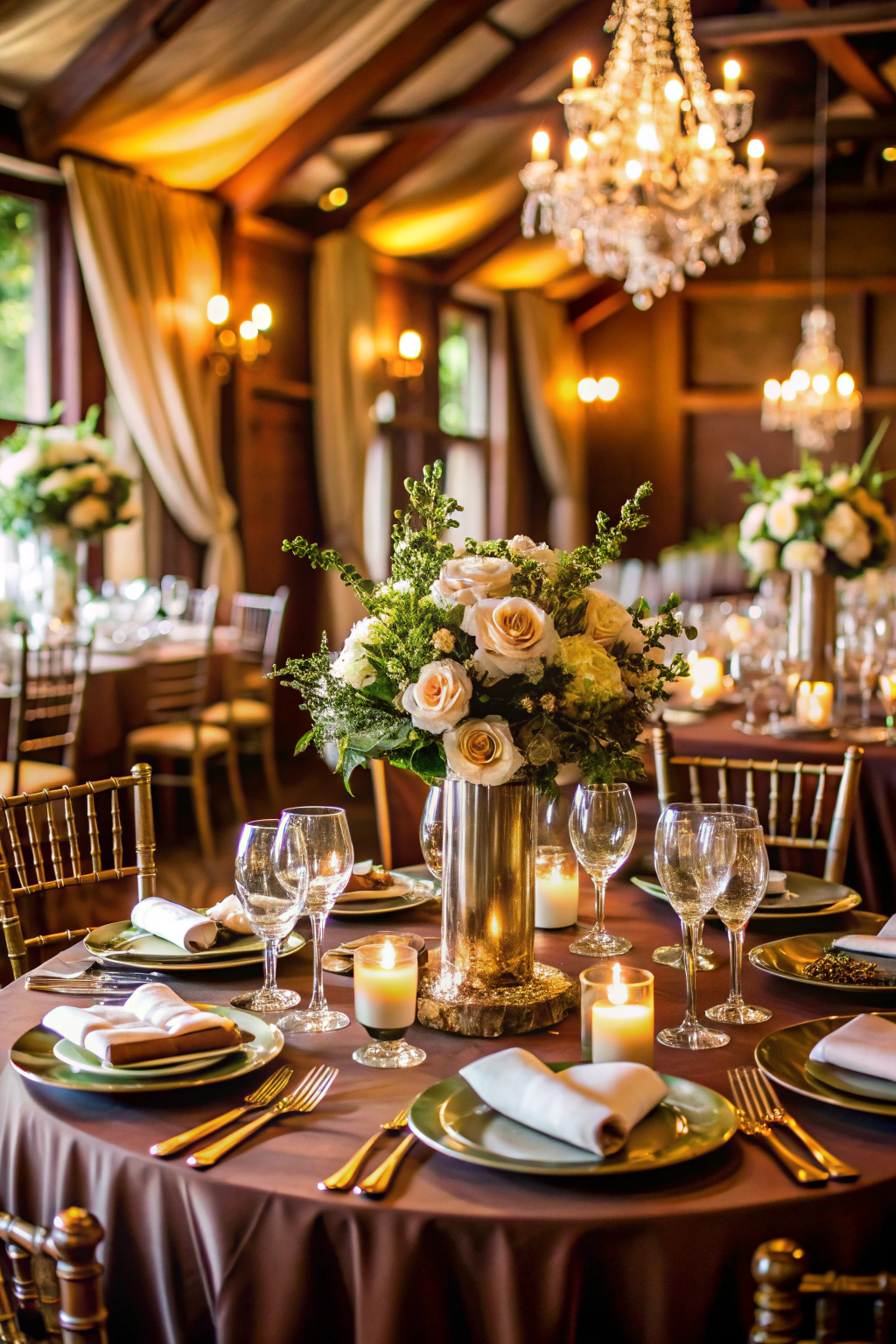 Elegant table setting with floral centerpiece and candlelight