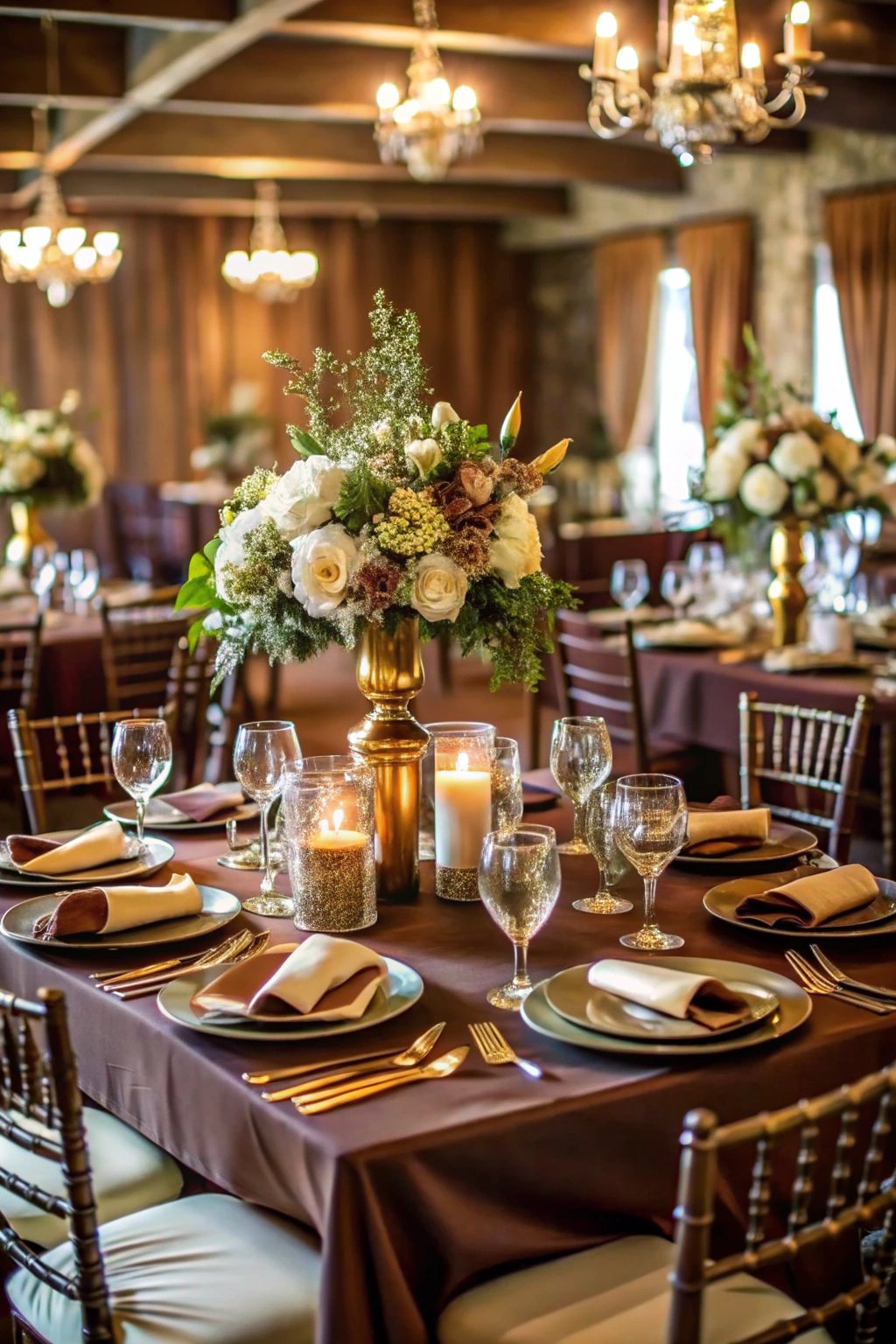 Warm-toned wedding table setup with floral centerpiece and candles