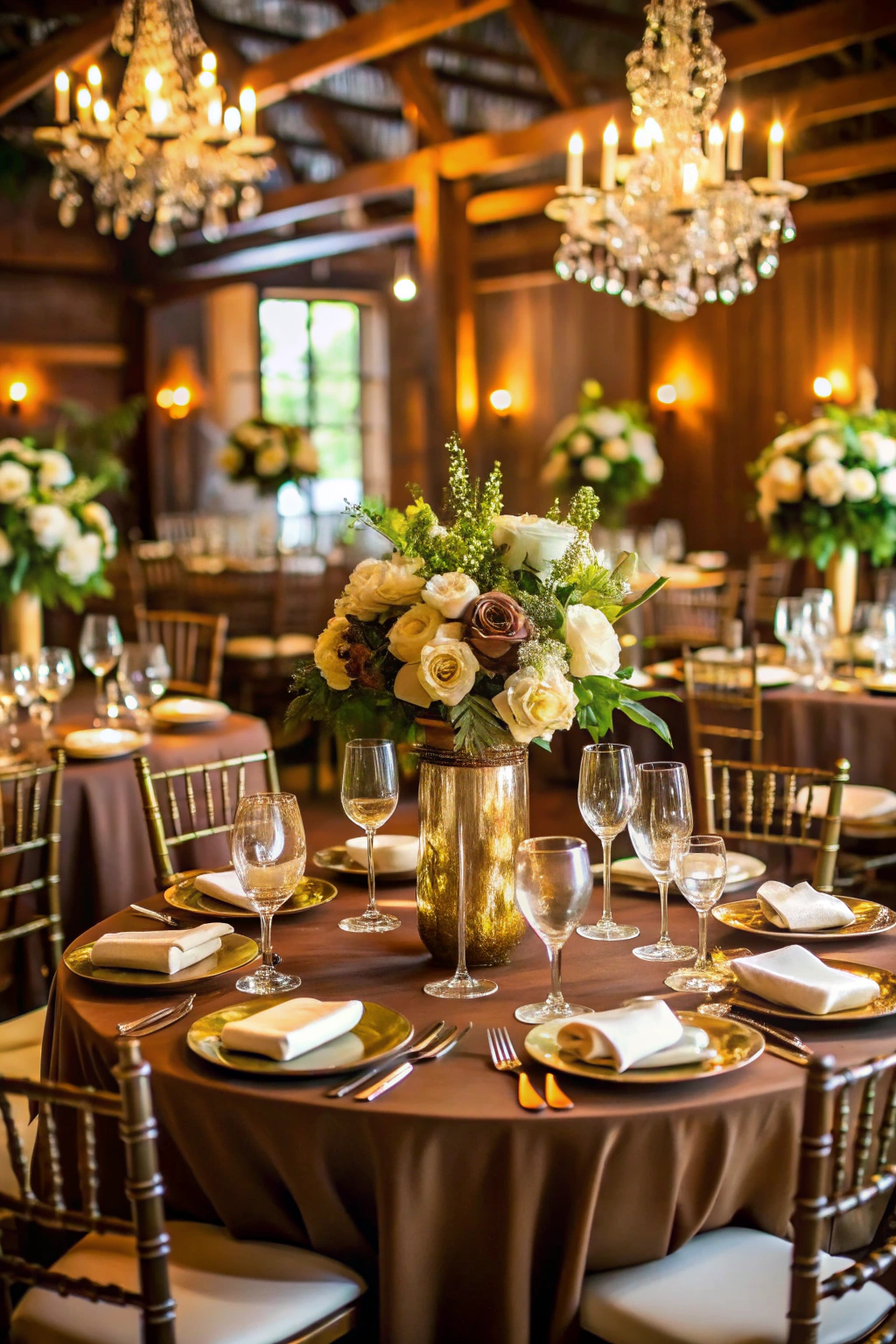 Elegant tablescape adorned with golden decor and brown elements