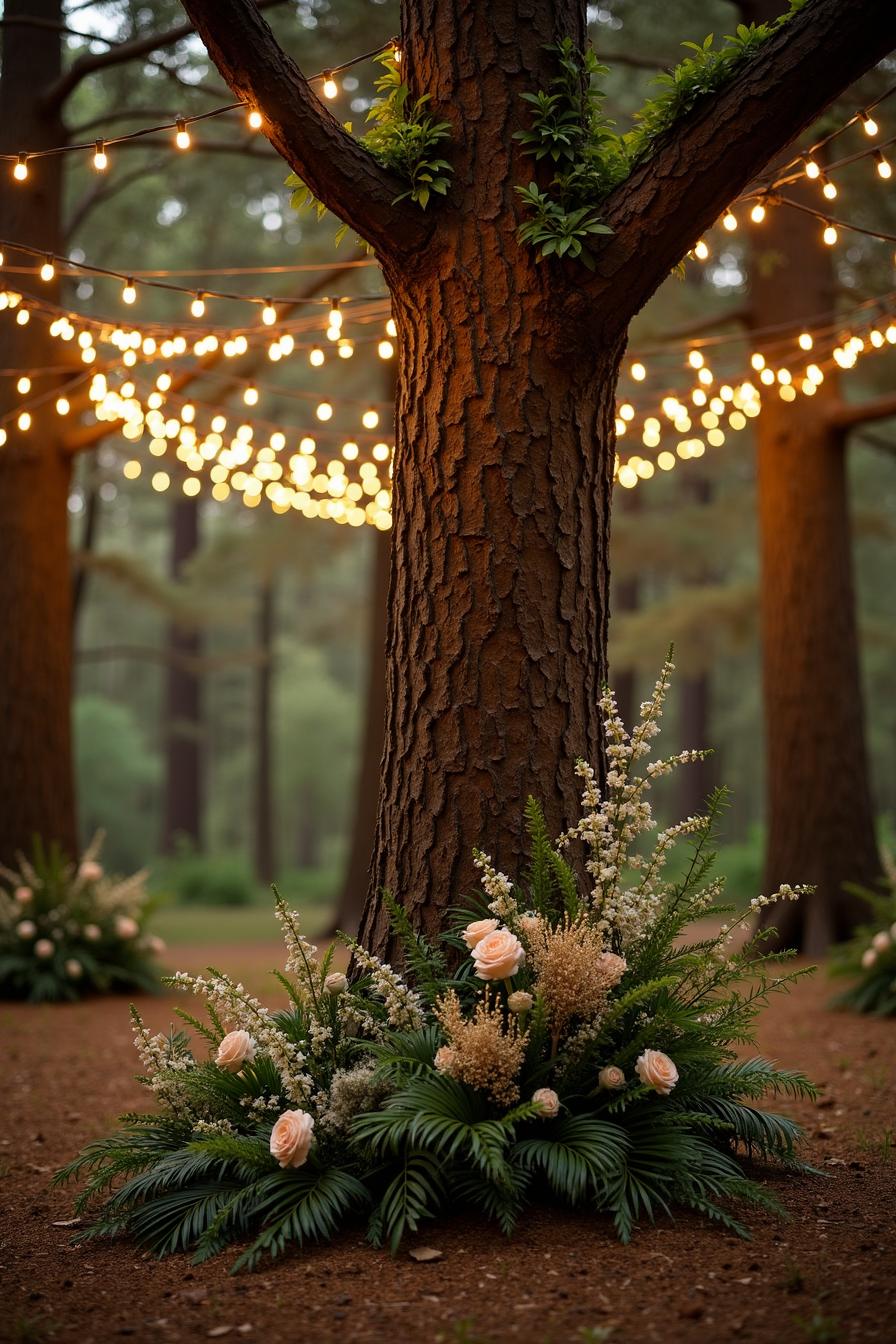 Tree with string lights and floral decor at the base