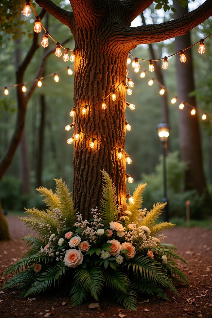 Fairy lights wrapped around a tree surrounded by flowers