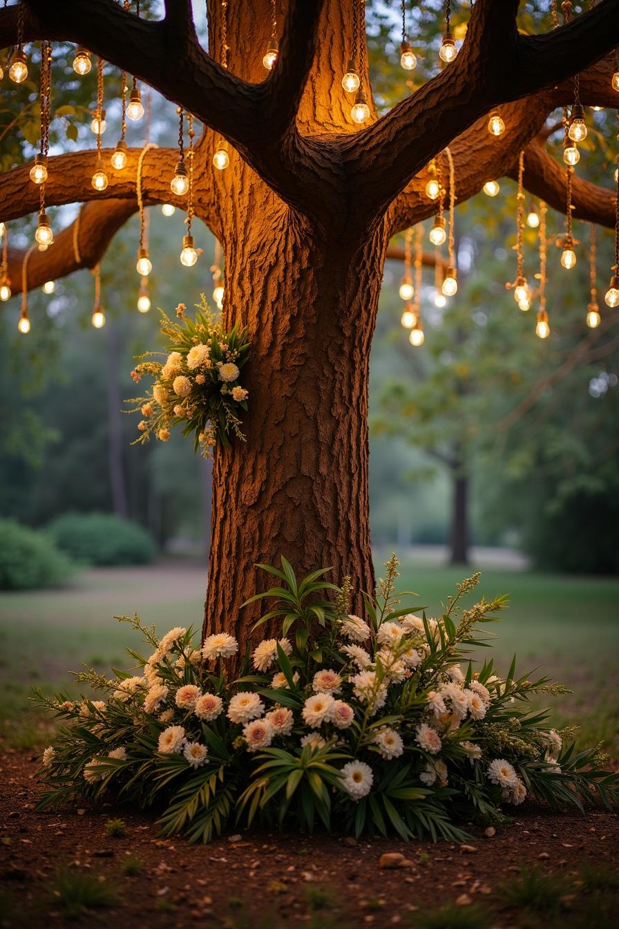 Tree decorated with hanging lights and floral arrangements