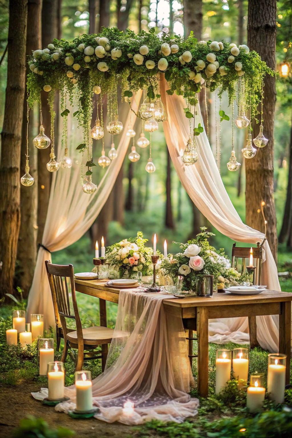 Forest setting with a candlelit table and floral canopy