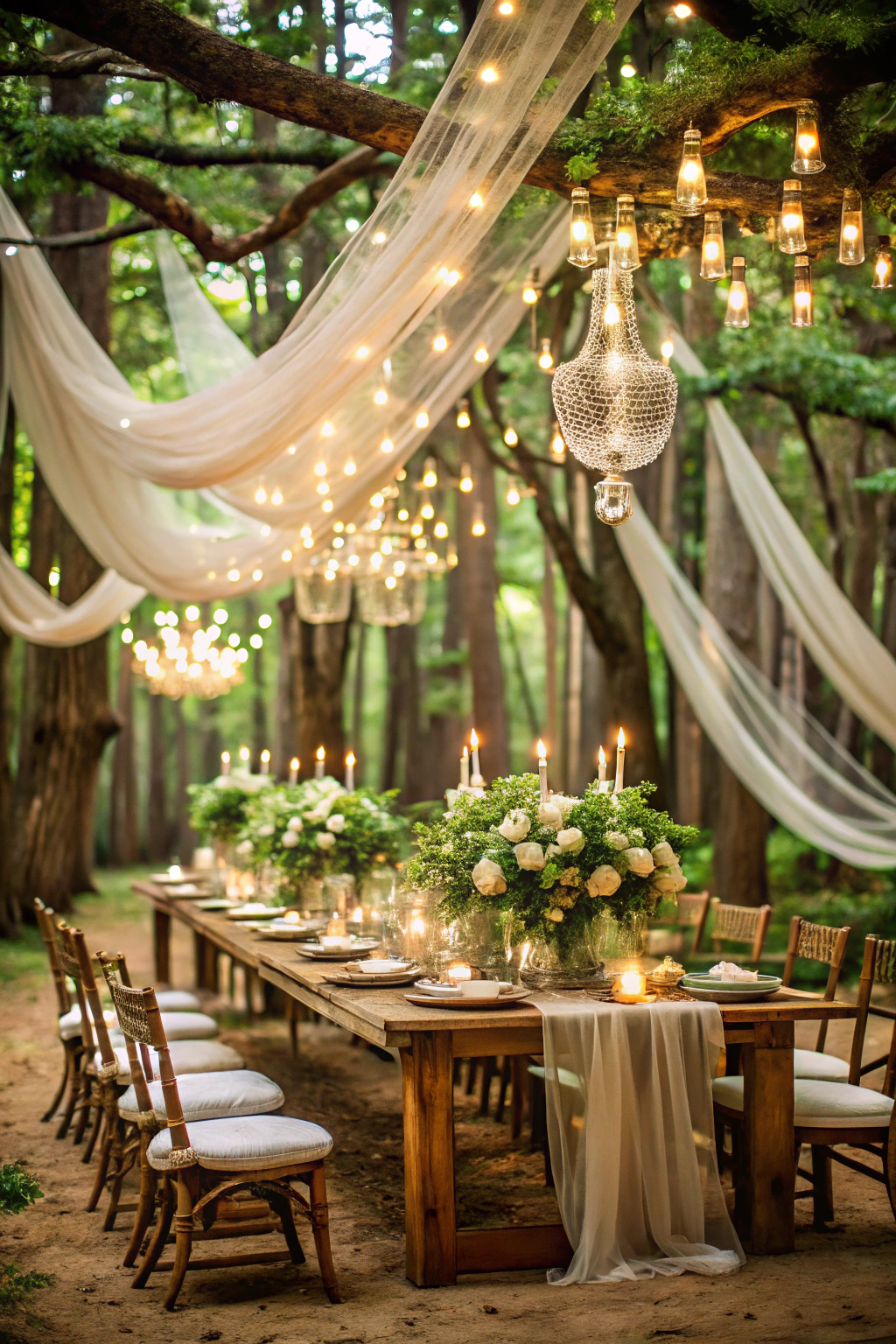 Elegant table setting under twinkling lights in a forest