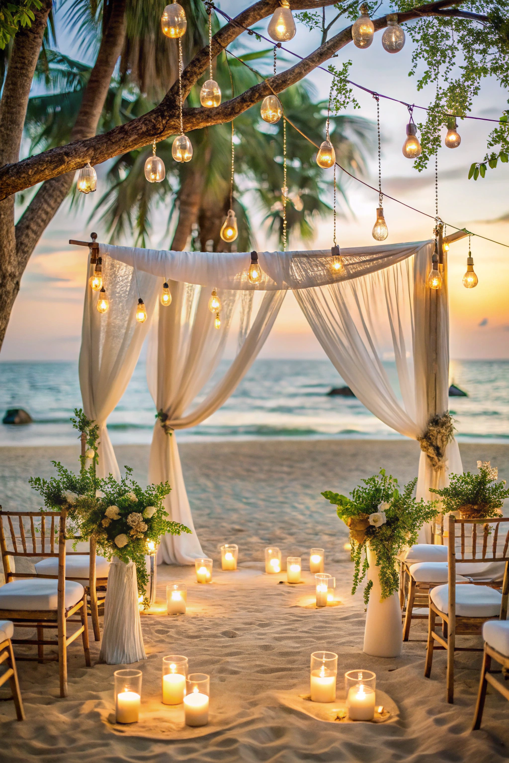 Beach wedding setup with draped arch and glowing lights