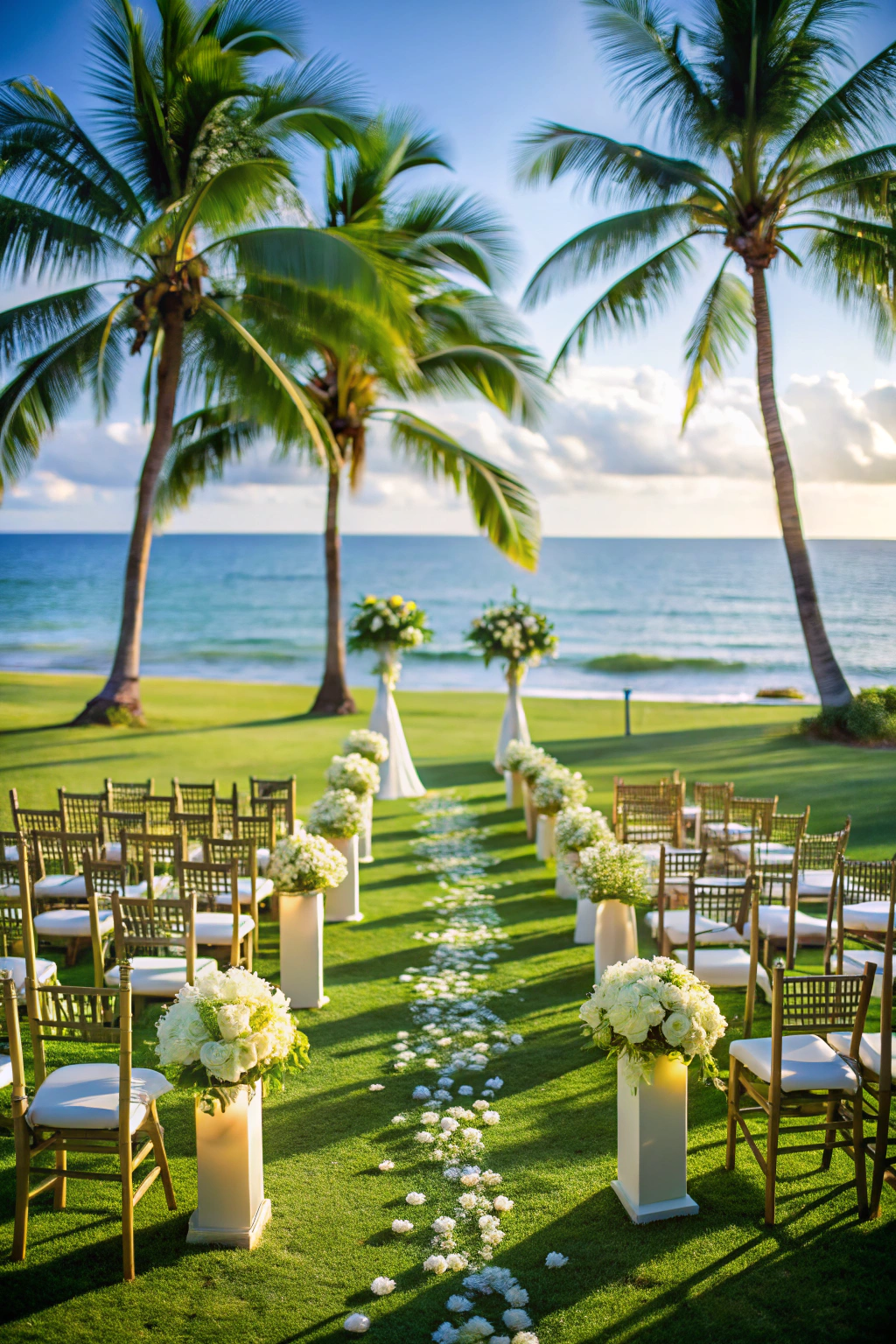 Beach wedding setup with palm trees and floral arrangements