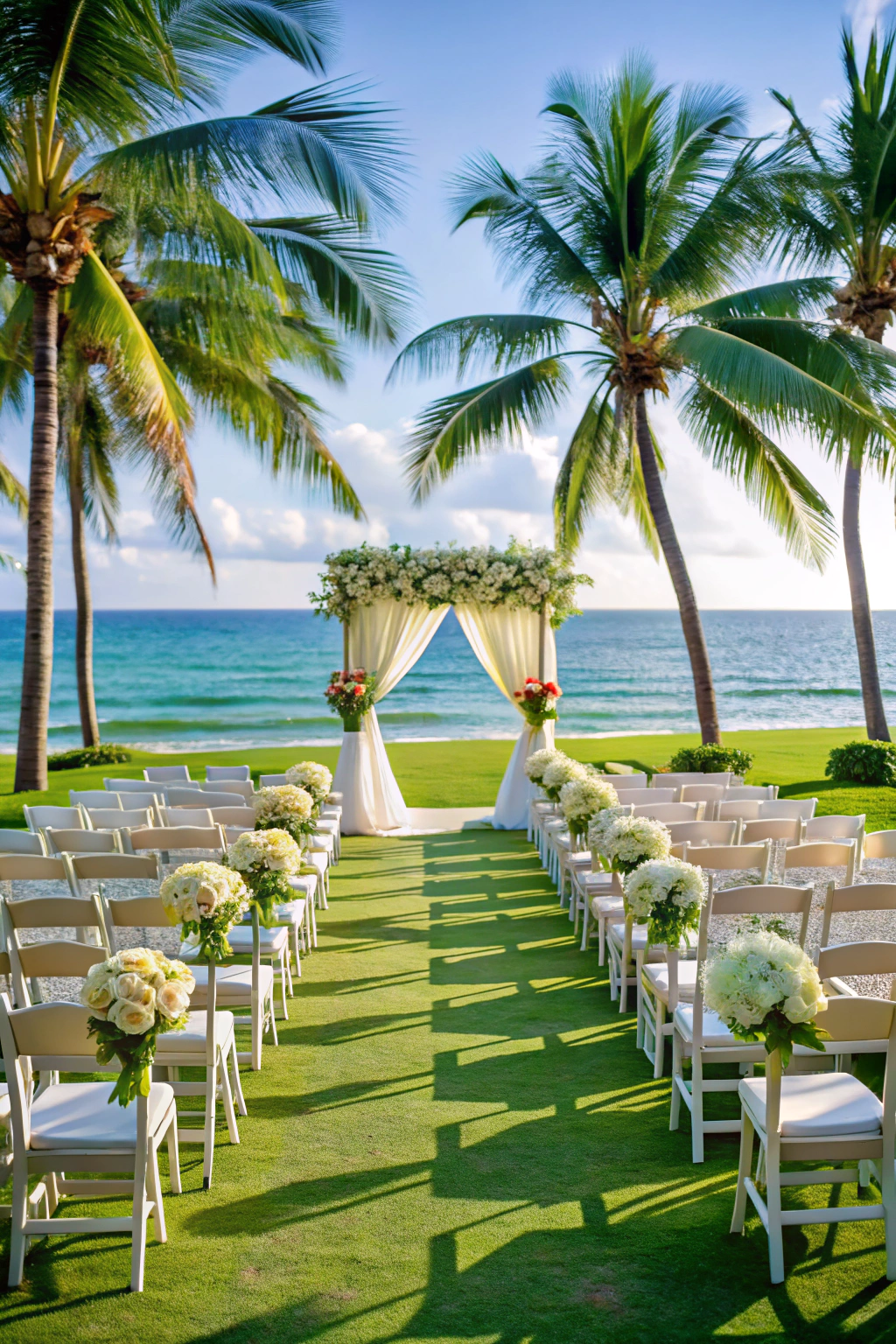 Beachfront wedding setup with floral arch and seating