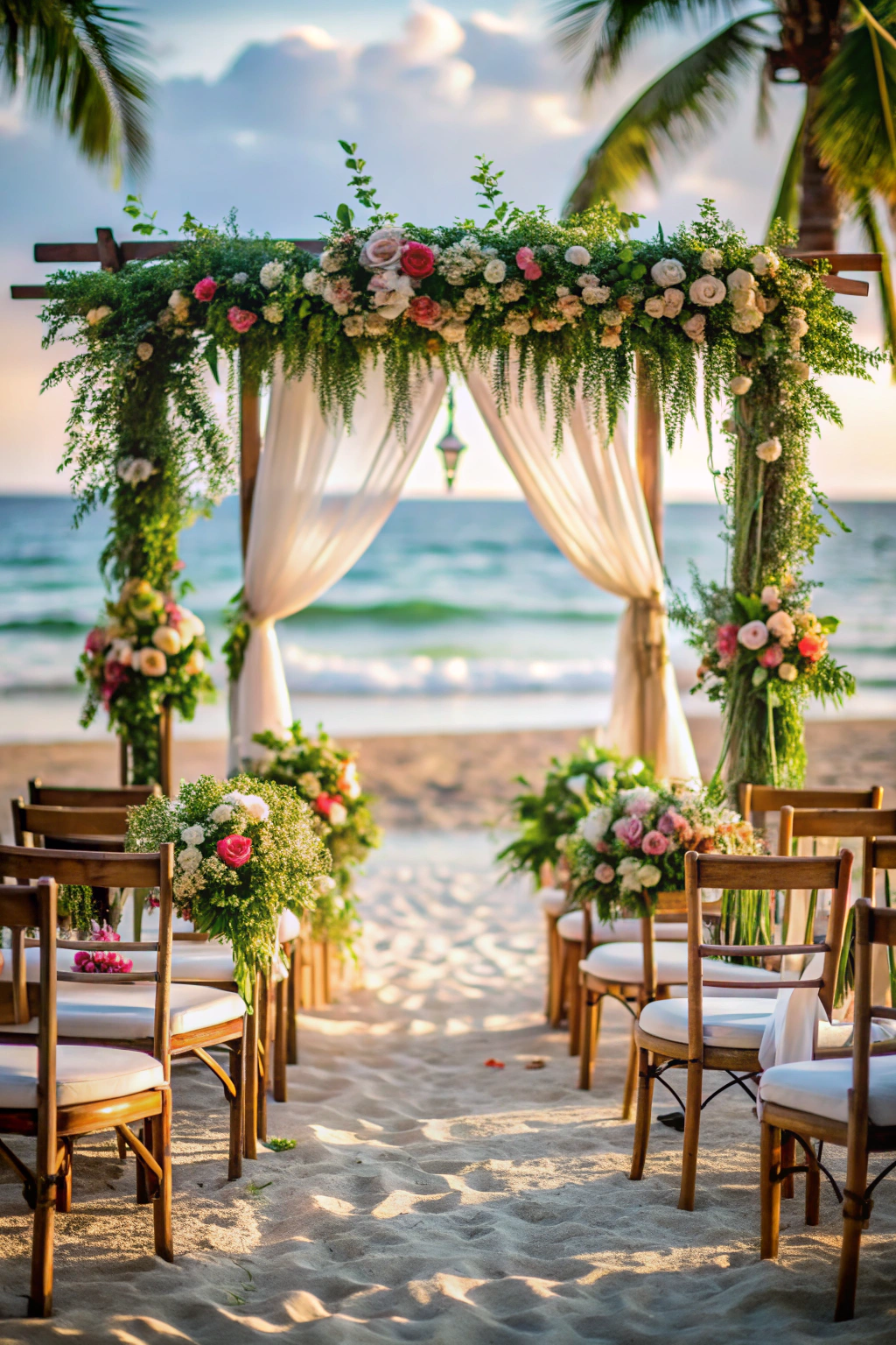 Beachfront wedding arch adorned with flowers and drapery