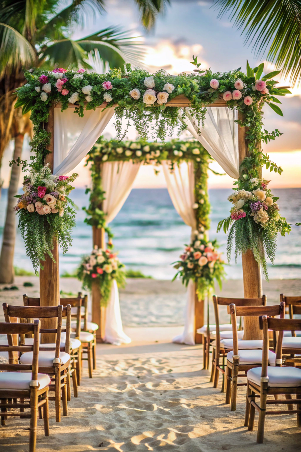 Elegant floral-draped beach wedding arch