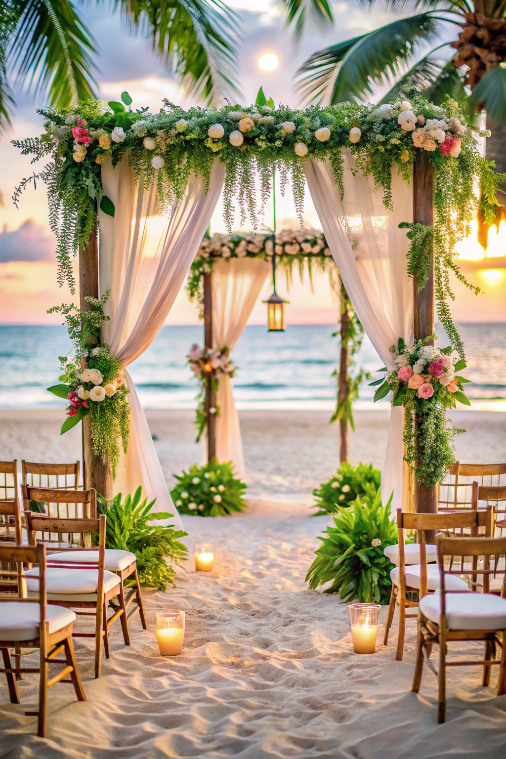 Beachfront wedding setup with floral arch and candlelit aisle