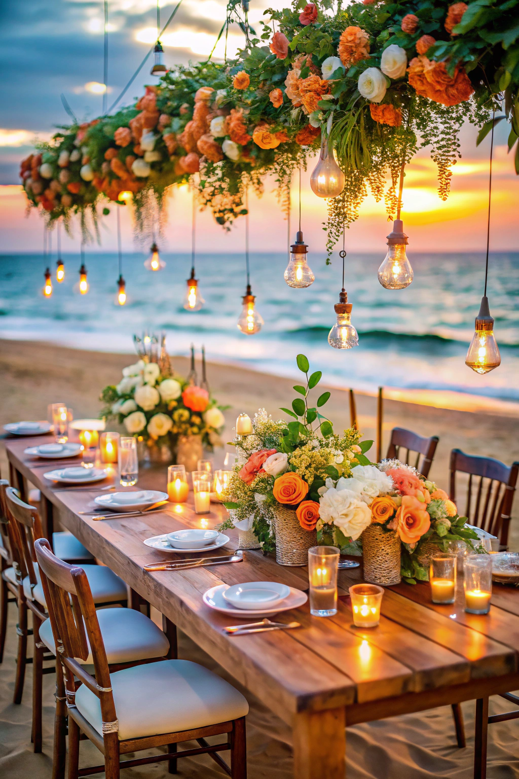 Beachside table with hanging bulbs and vibrant florals