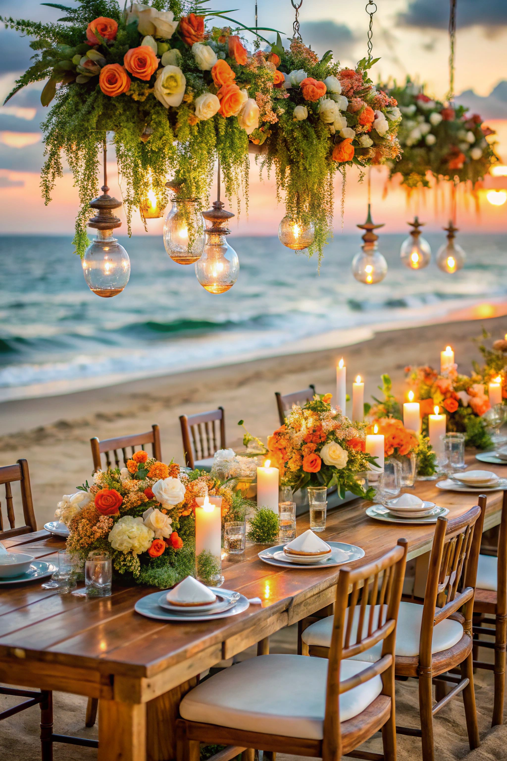 Beachside table setup with flowers and lights at sunset