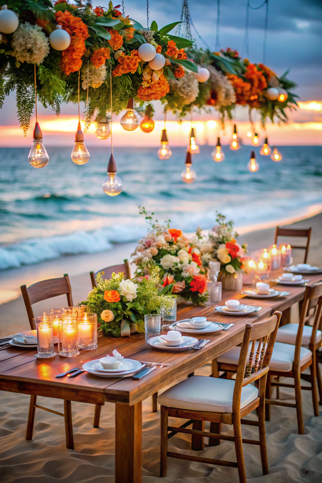 Elegant beachfront dining setup with hanging lights and floral decor