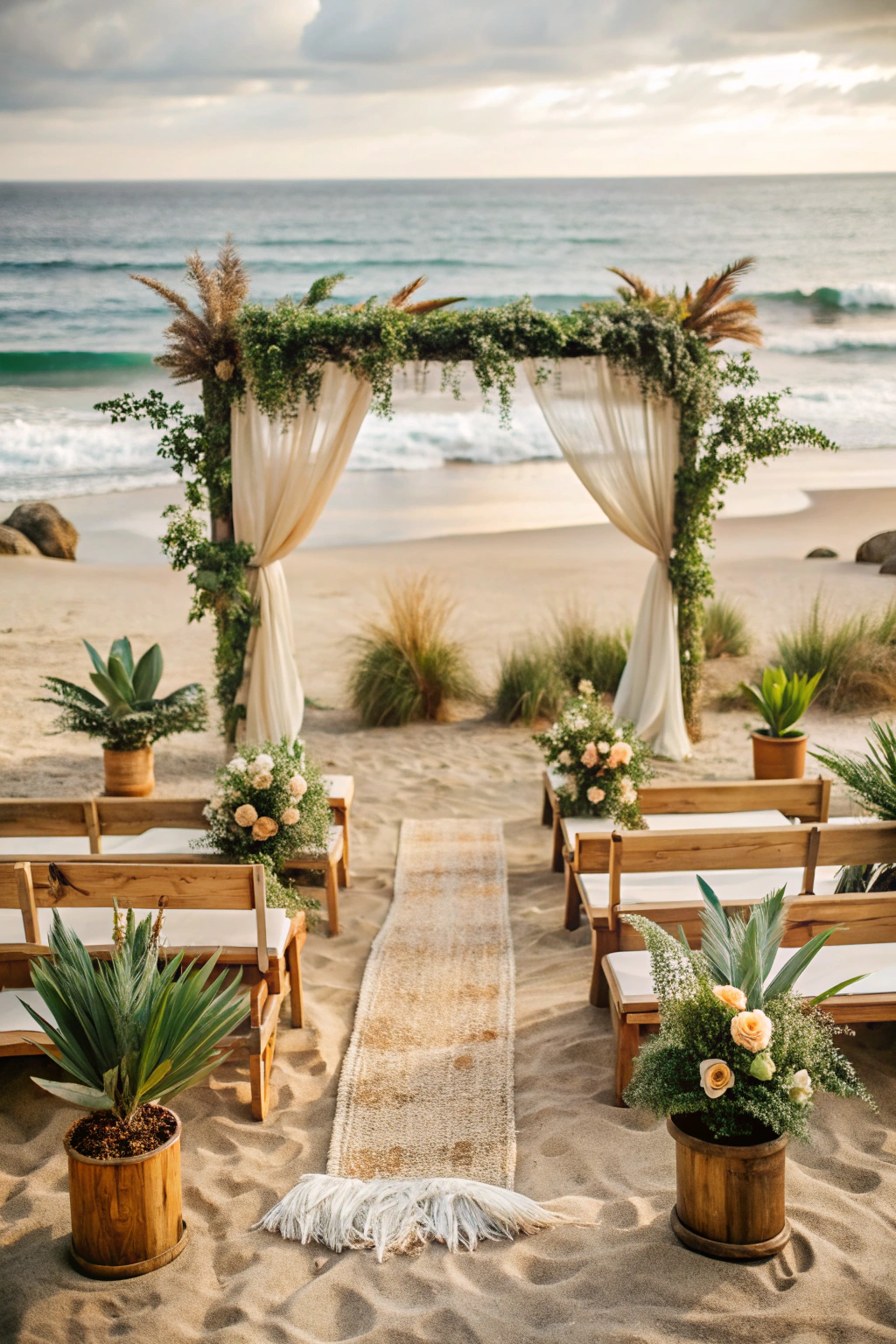 Beach wedding setup with rustic arch and seating