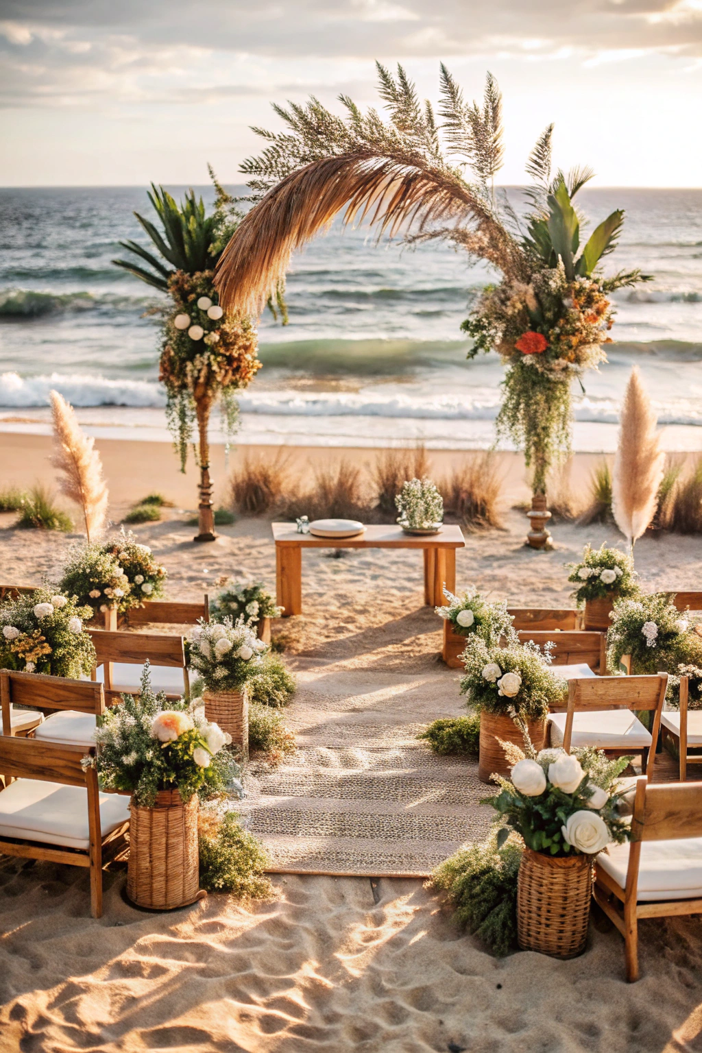 Beach wedding setup with wooden chairs and floral arch