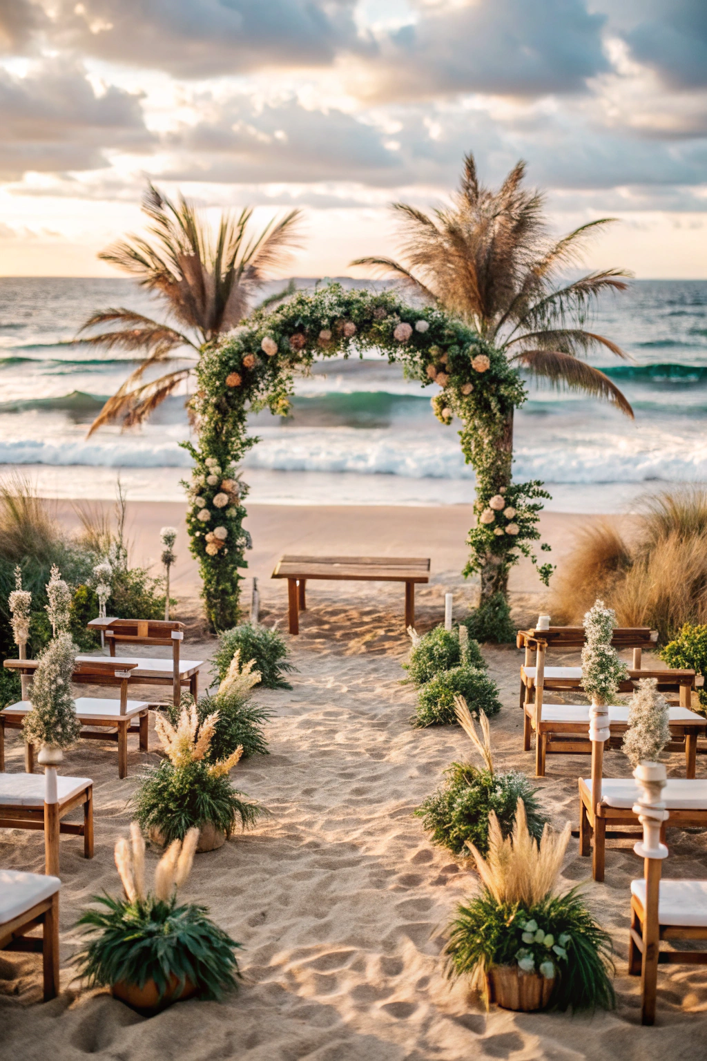 Elegant boho beach wedding setup with floral arch