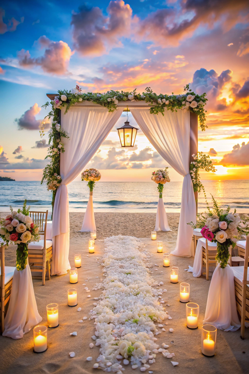 Beach wedding setup with floral arch and candles at dusk