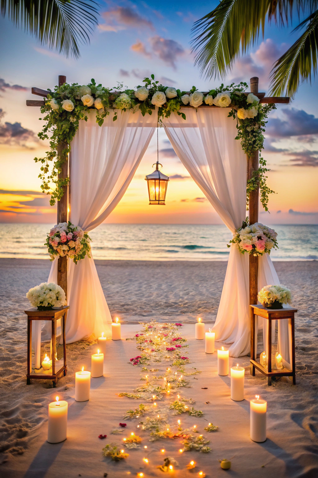 A beachside wedding altar adorned with flowers and candles at sunset