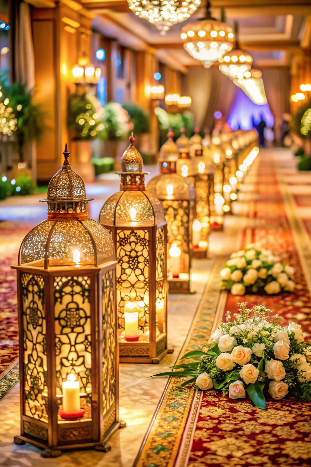 Decorative lanterns line the carpeted aisle, adorned with white roses