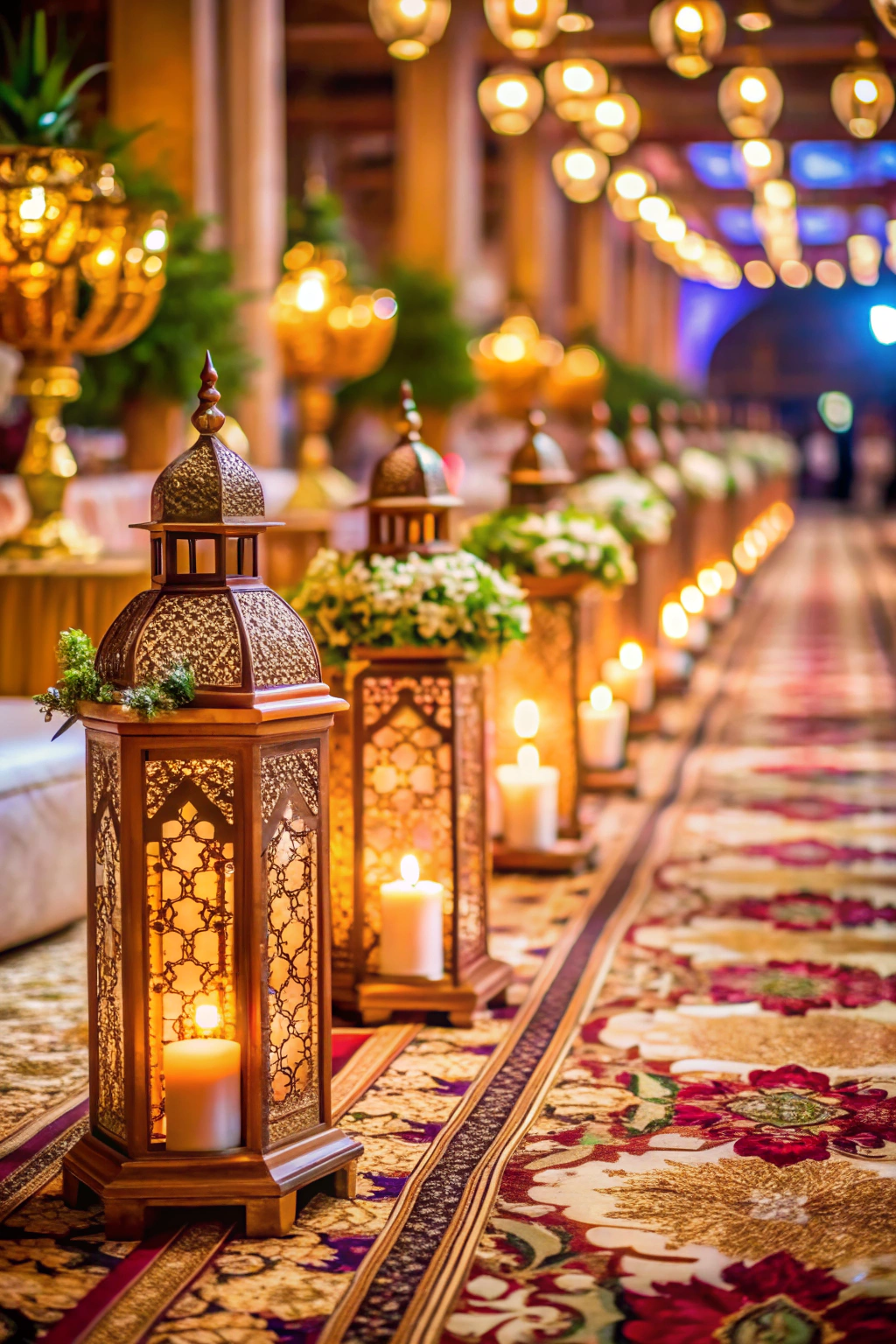 Ornate lanterns and floral arrangements line a vibrant aisle