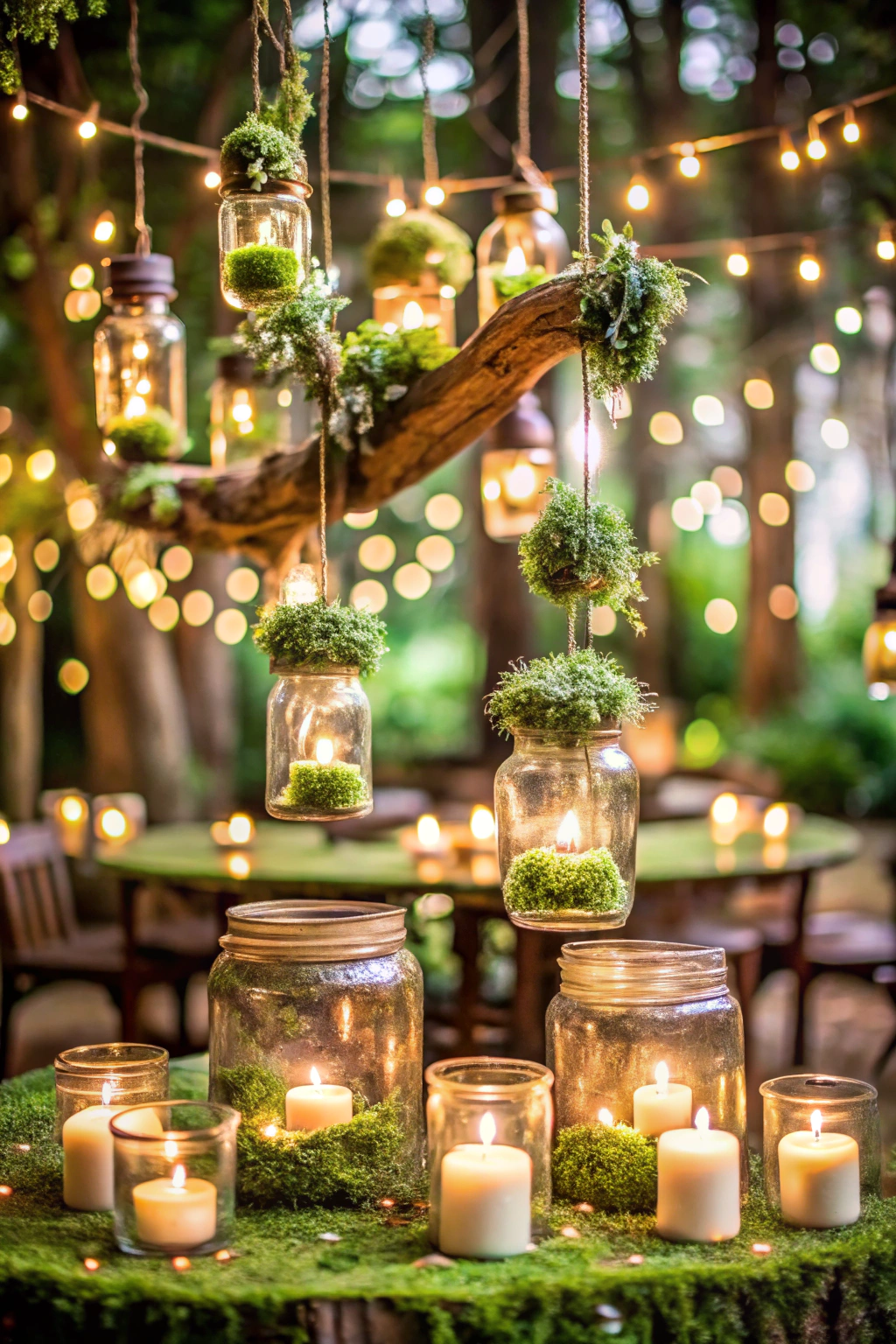 Hanging lanterns and candlelit jars in a forest setting