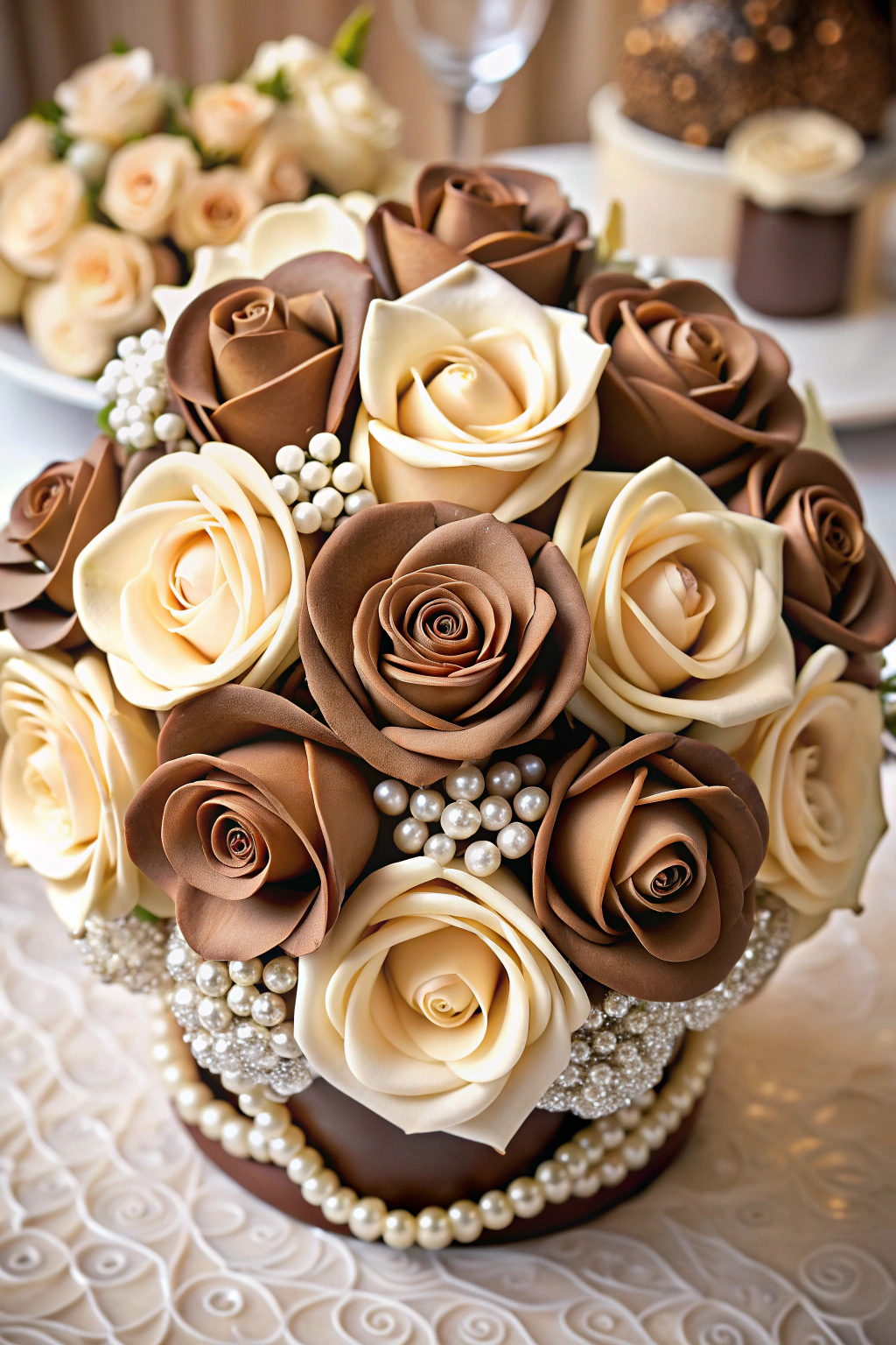 Bouquet of cream and brown roses with pearls