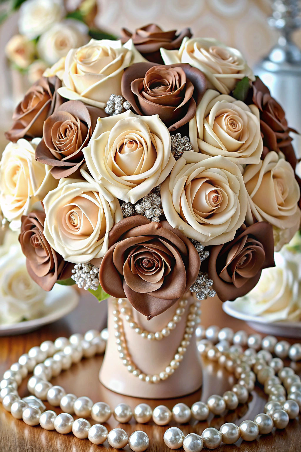 Brown and cream roses with pearls