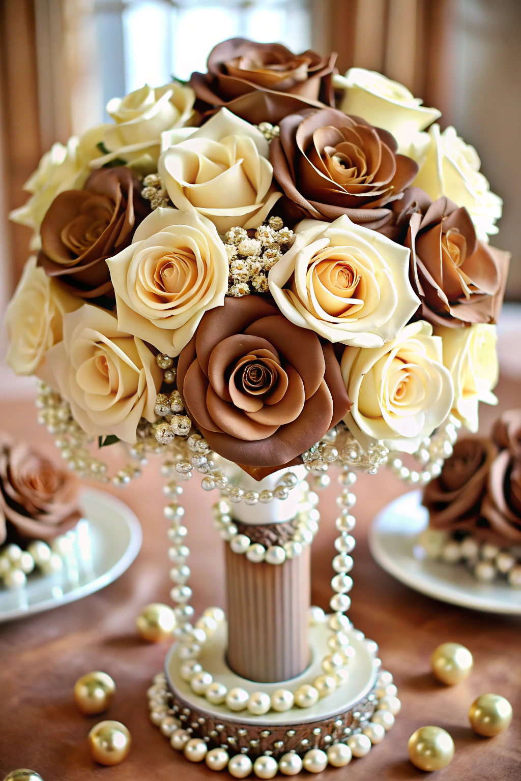 Elegant brown and cream rose bouquet with pearls