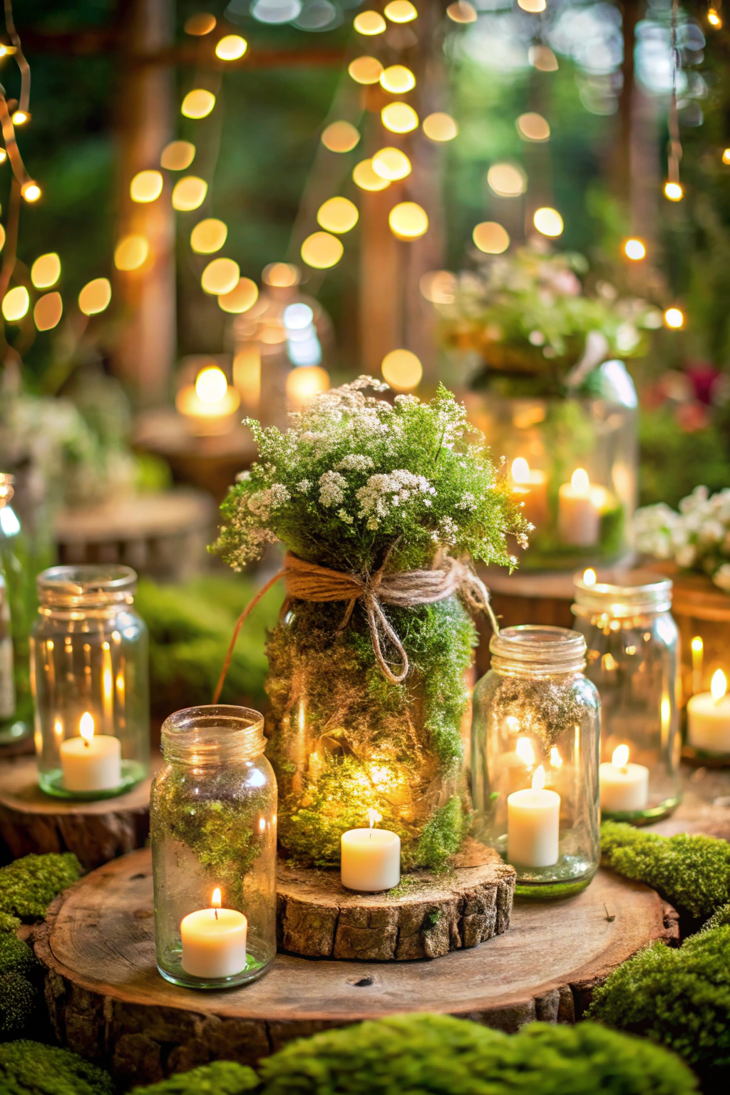 Fairy lights and candles in a woodland setting