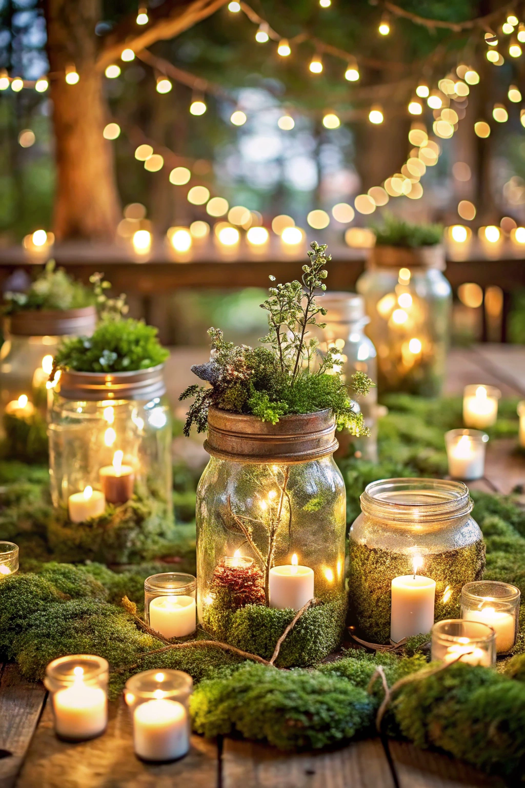 Glowing mason jars with candles and moss on a rustic table