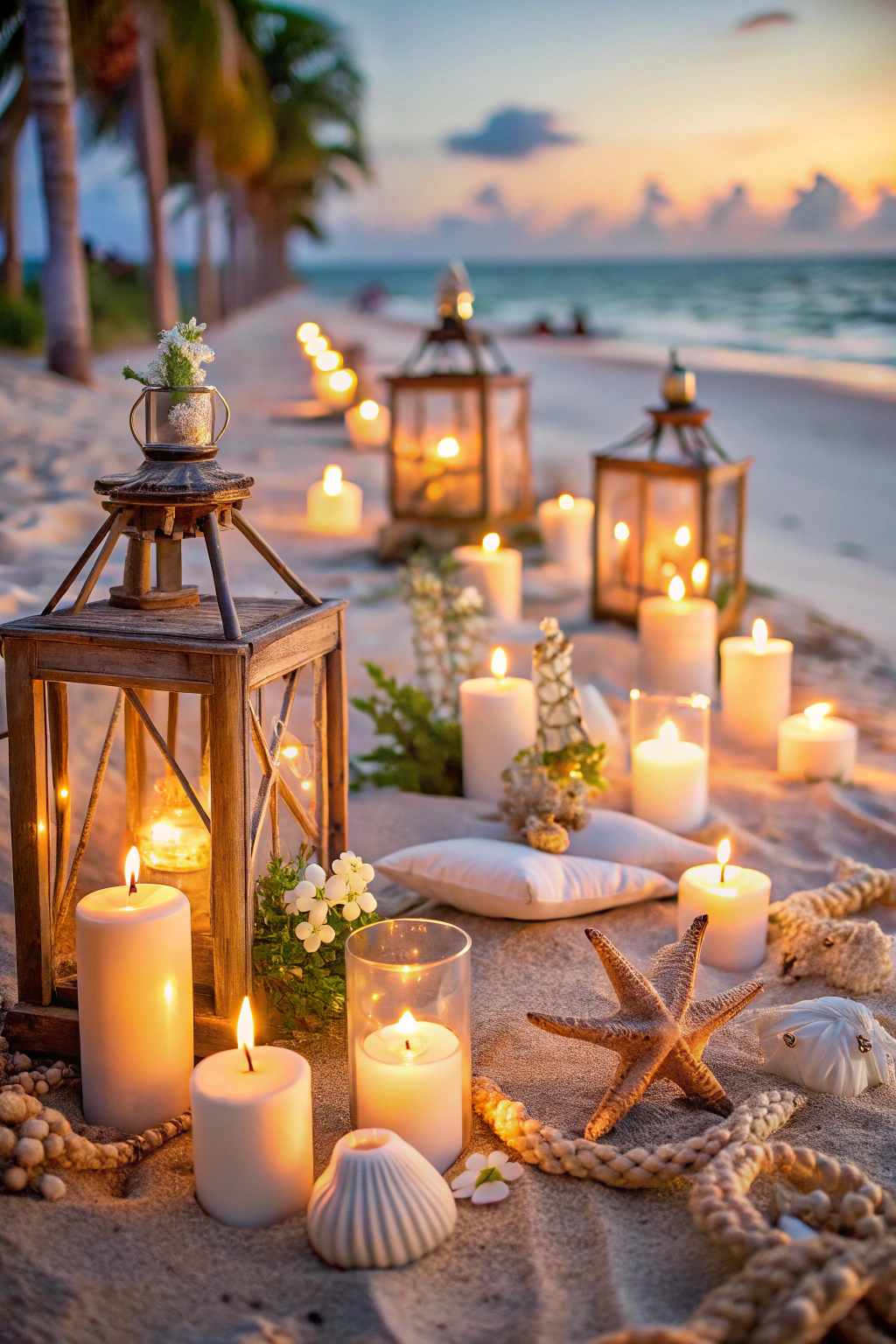 Beachfront candles and lanterns glowing at sunset