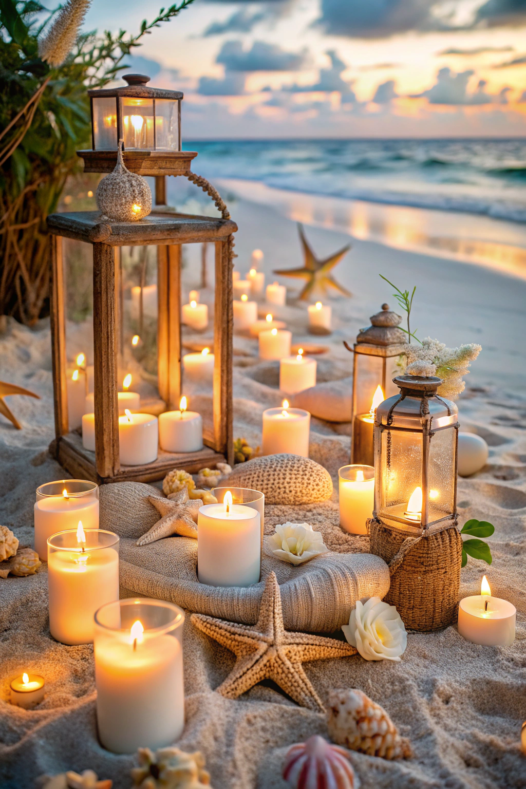 Beachside lanterns and candles create a magical ambiance