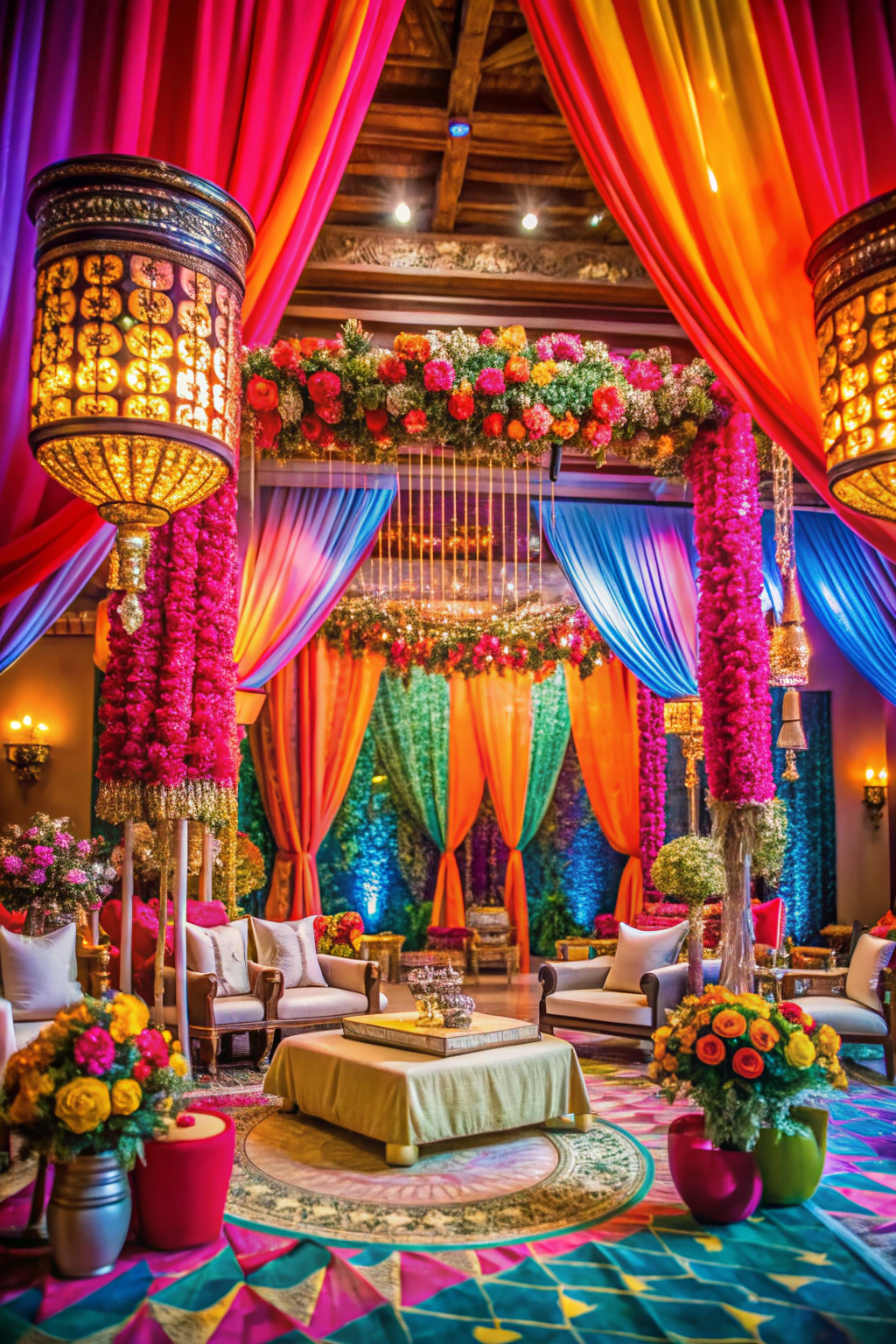 Vibrant drapes and floral arrangements create a lively wedding atmosphere