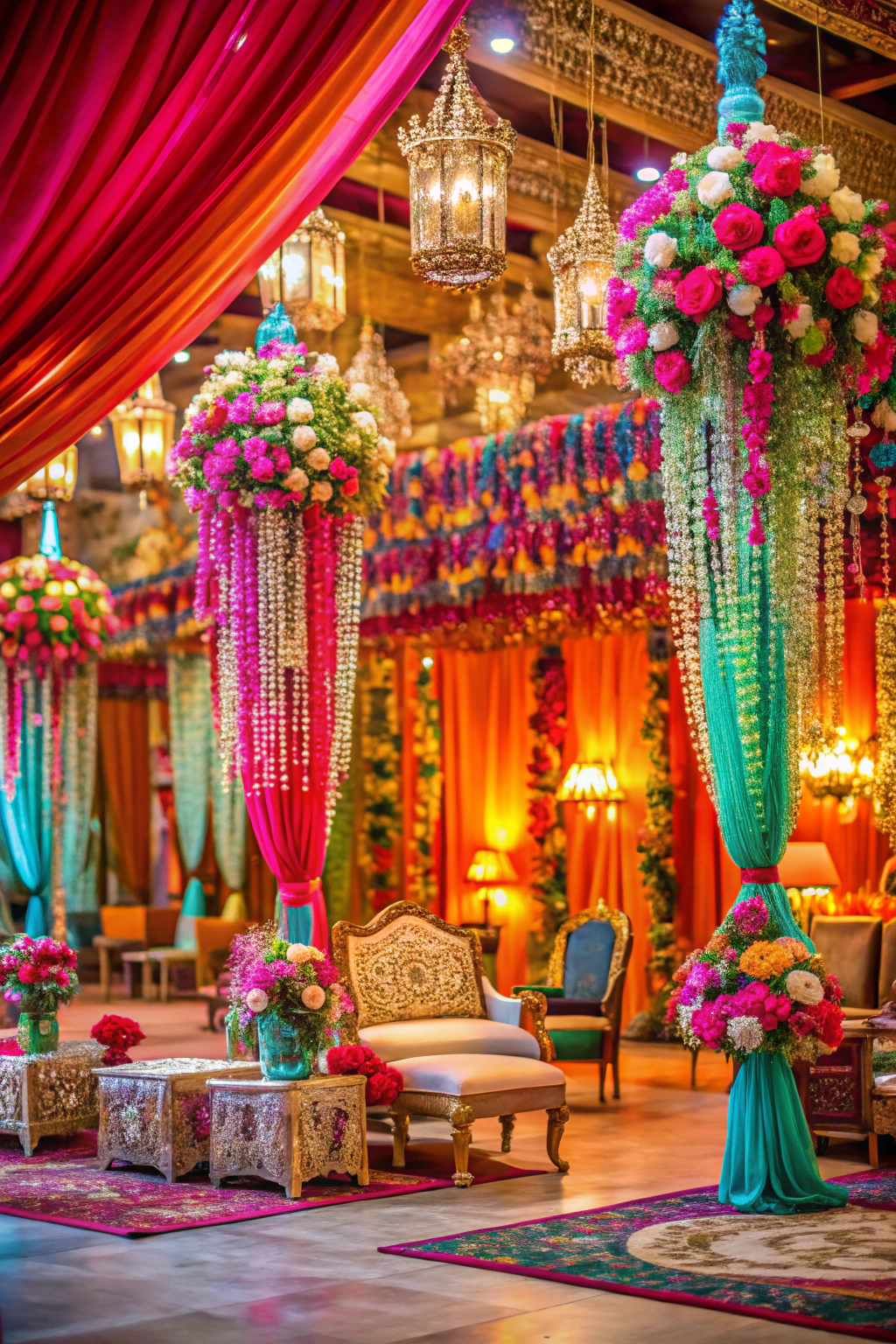 Vibrant wedding decor with cascading flowers and lanterns