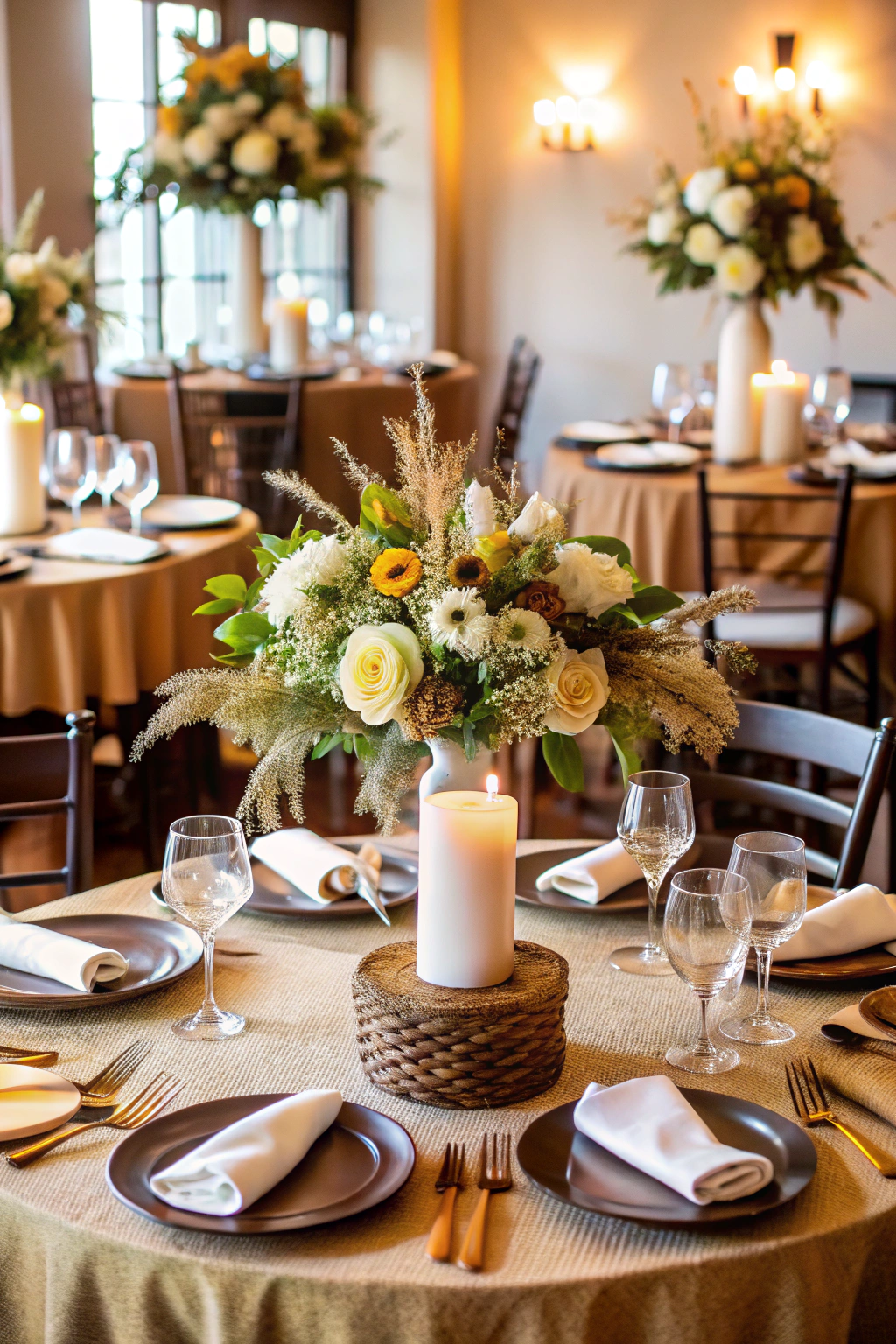 Table setting with a floral centerpiece and candle