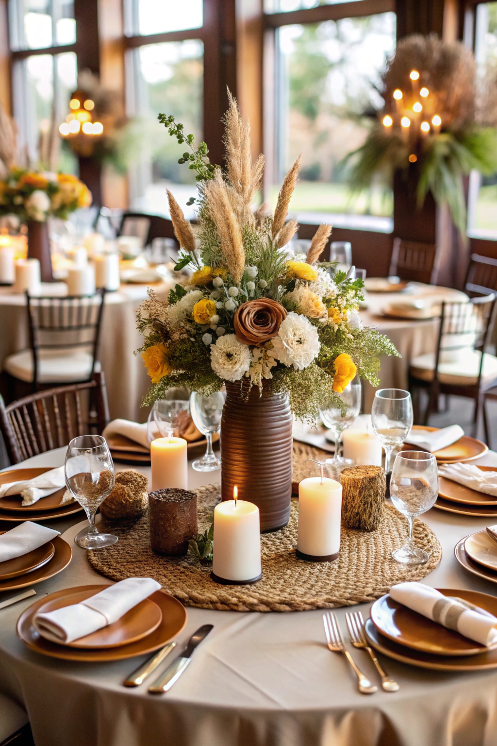 Elegant wedding table setting with brown, white, and yellow centerpiece