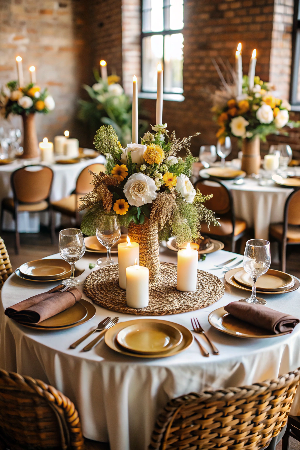 Elegant table setting with floral centerpiece and candles