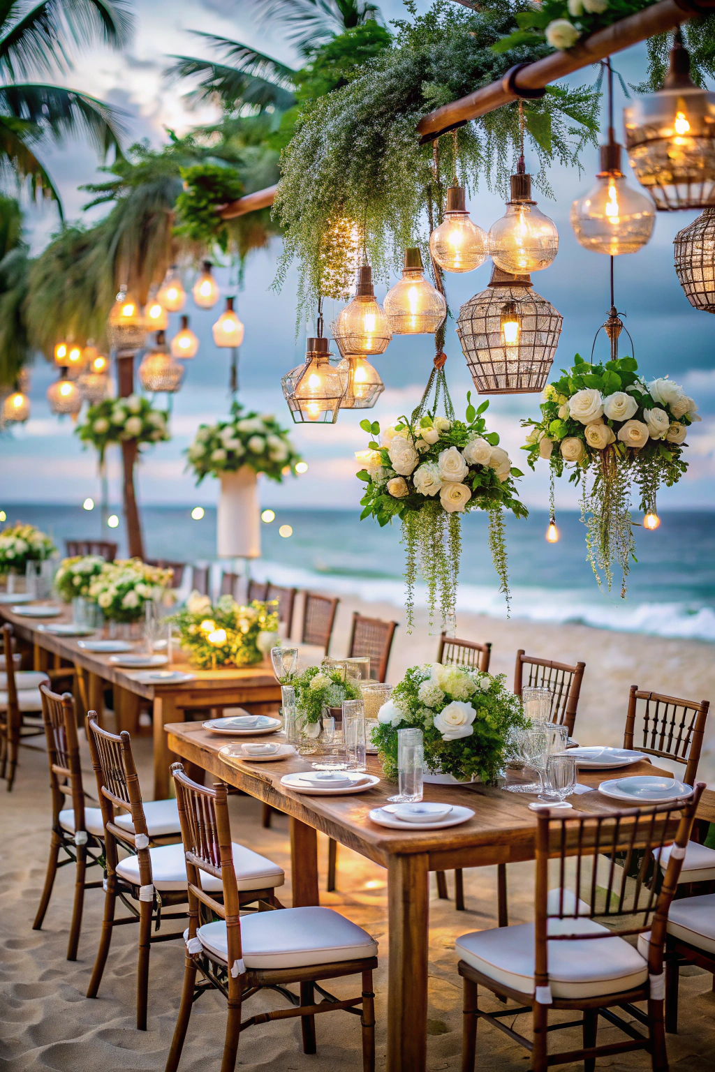 Beachfront tablescape with floral arrangements and hanging lights