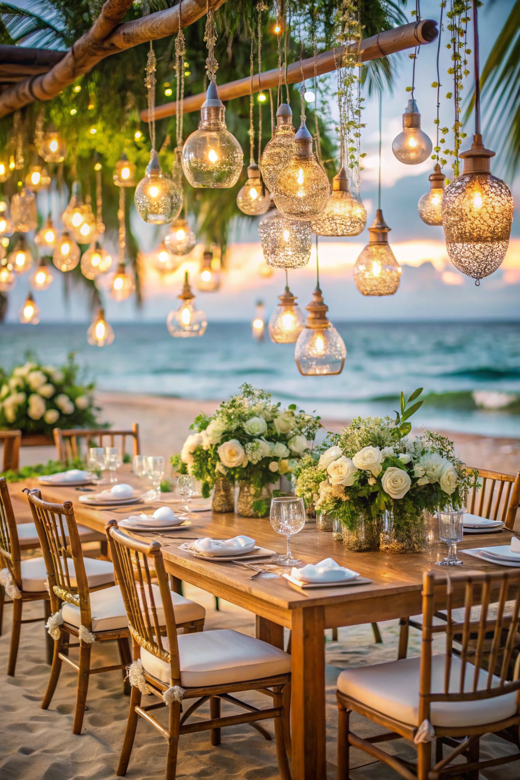 Elegant beachside table setup with illuminating lanterns