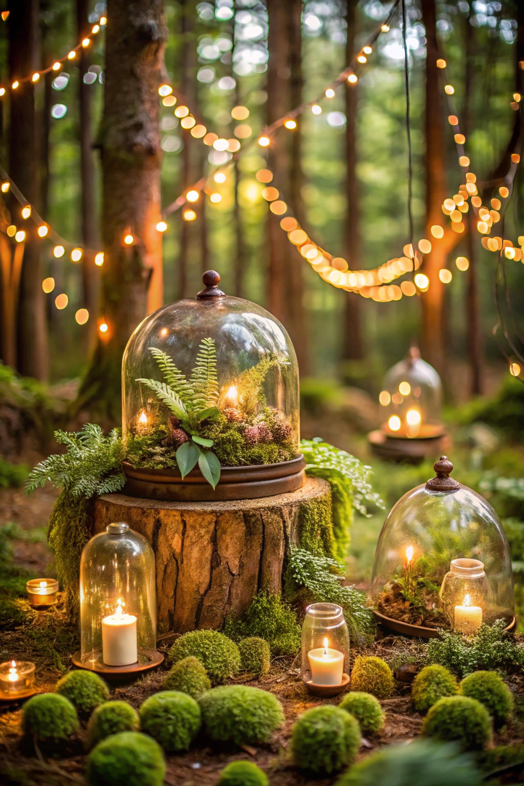 Glass cloches with candles on a woodland stump under string lights