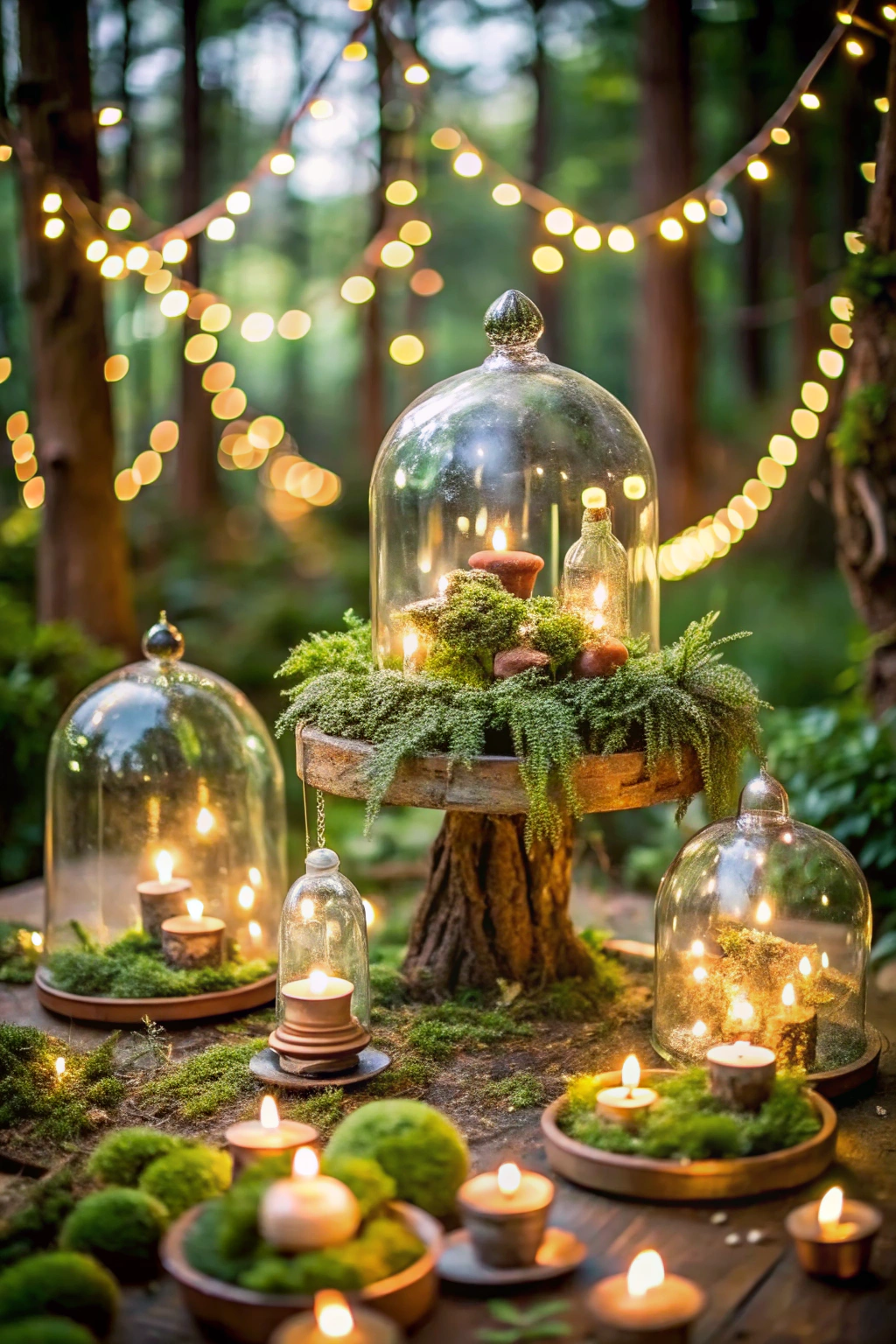 Candles under glass domes in a forest setting