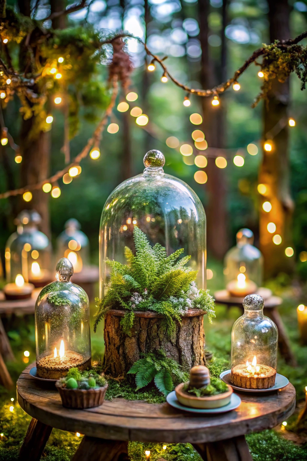 String lights hanging in woodland setting with candles and glass domes on a rustic table