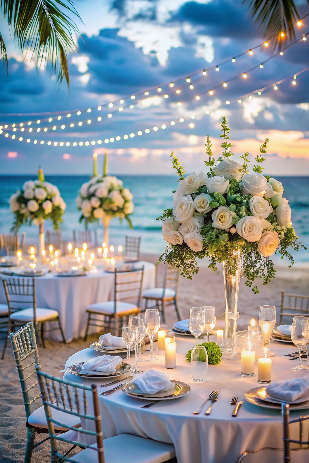 Beautiful beach wedding setup with elegant floral centerpieces and twinkling lights