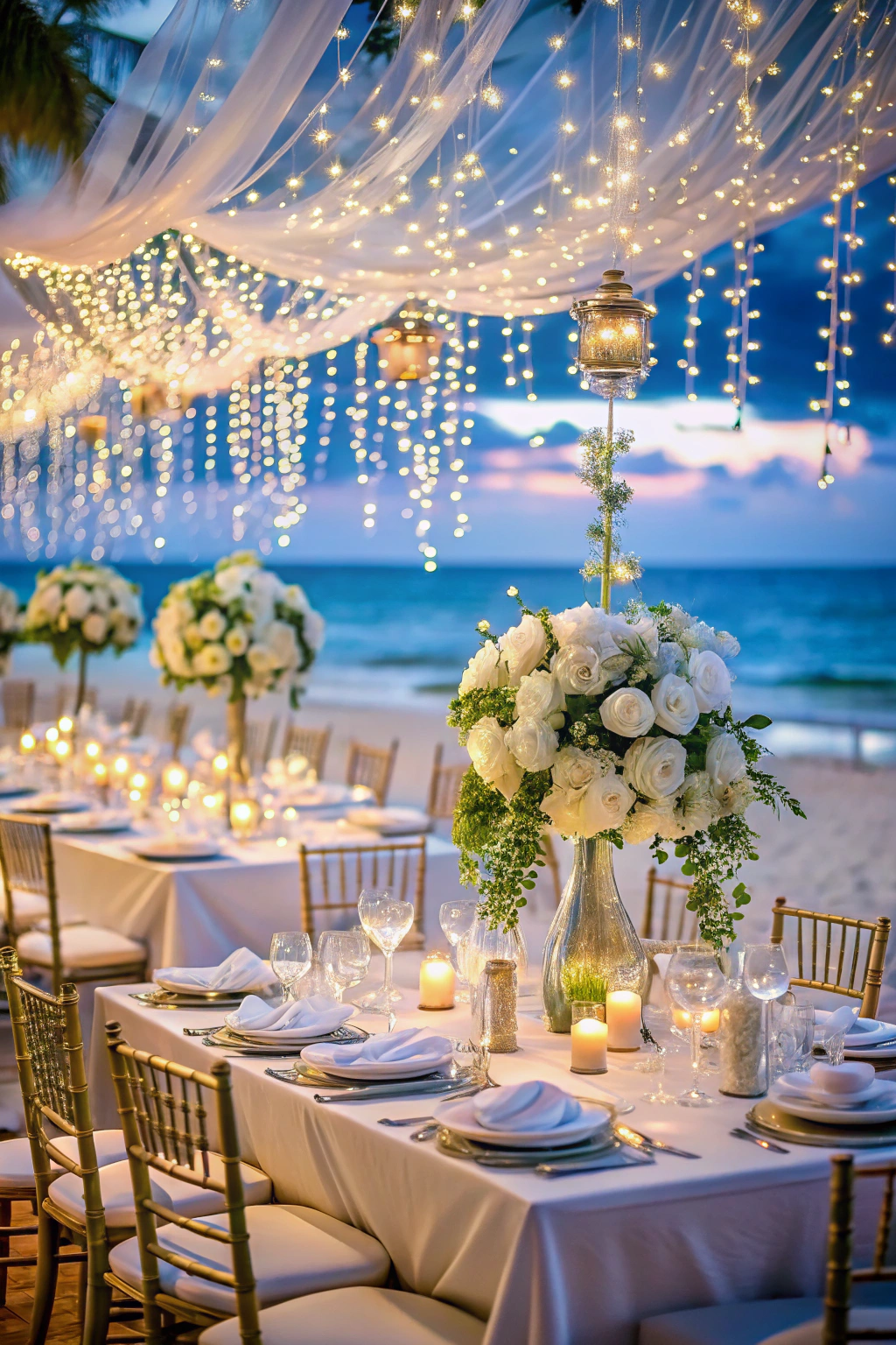 Enchanting beachside wedding decor with twinkling lights