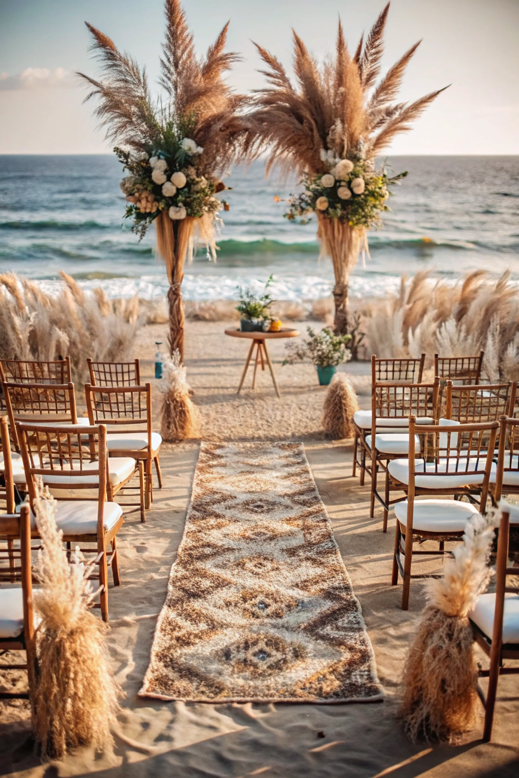 Beach ceremony setup with pampas grass and chairs