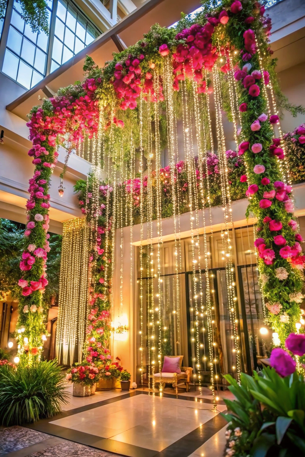 A grand archway adorned with flowers and sparkling lights