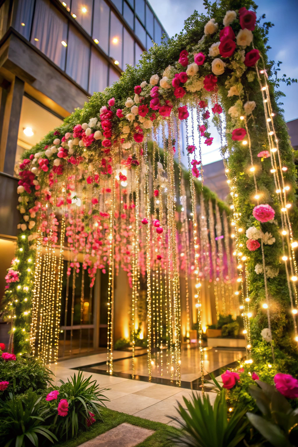 Vibrant floral archway adorned with twinkling lights