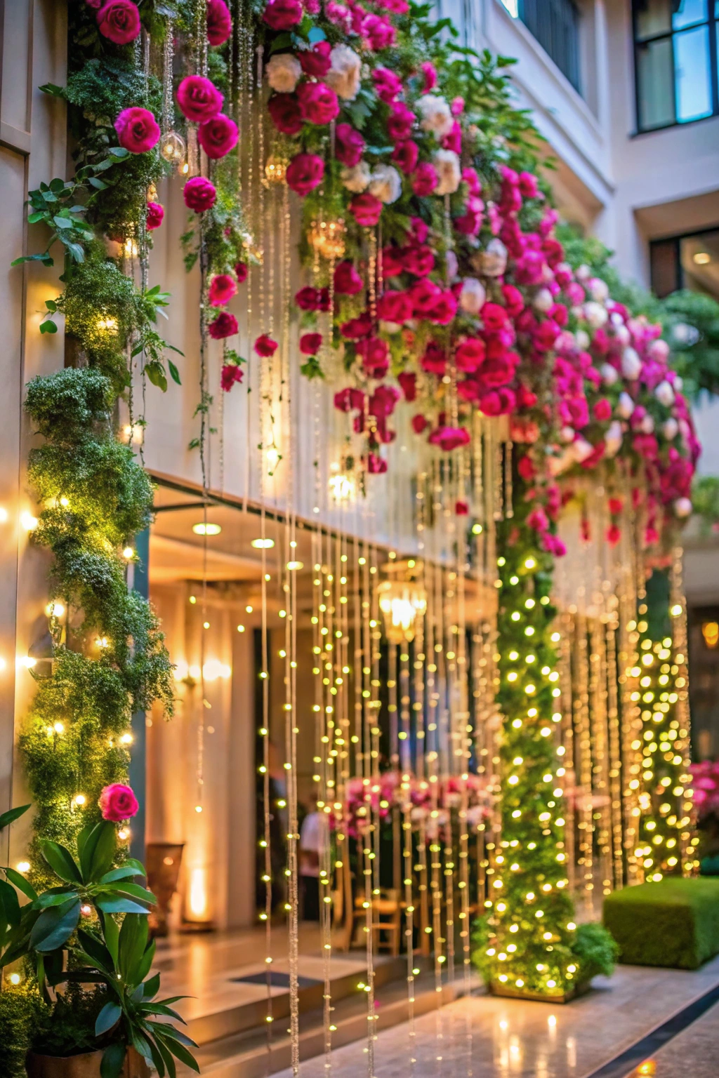 Roses and lights creating a magical entrance