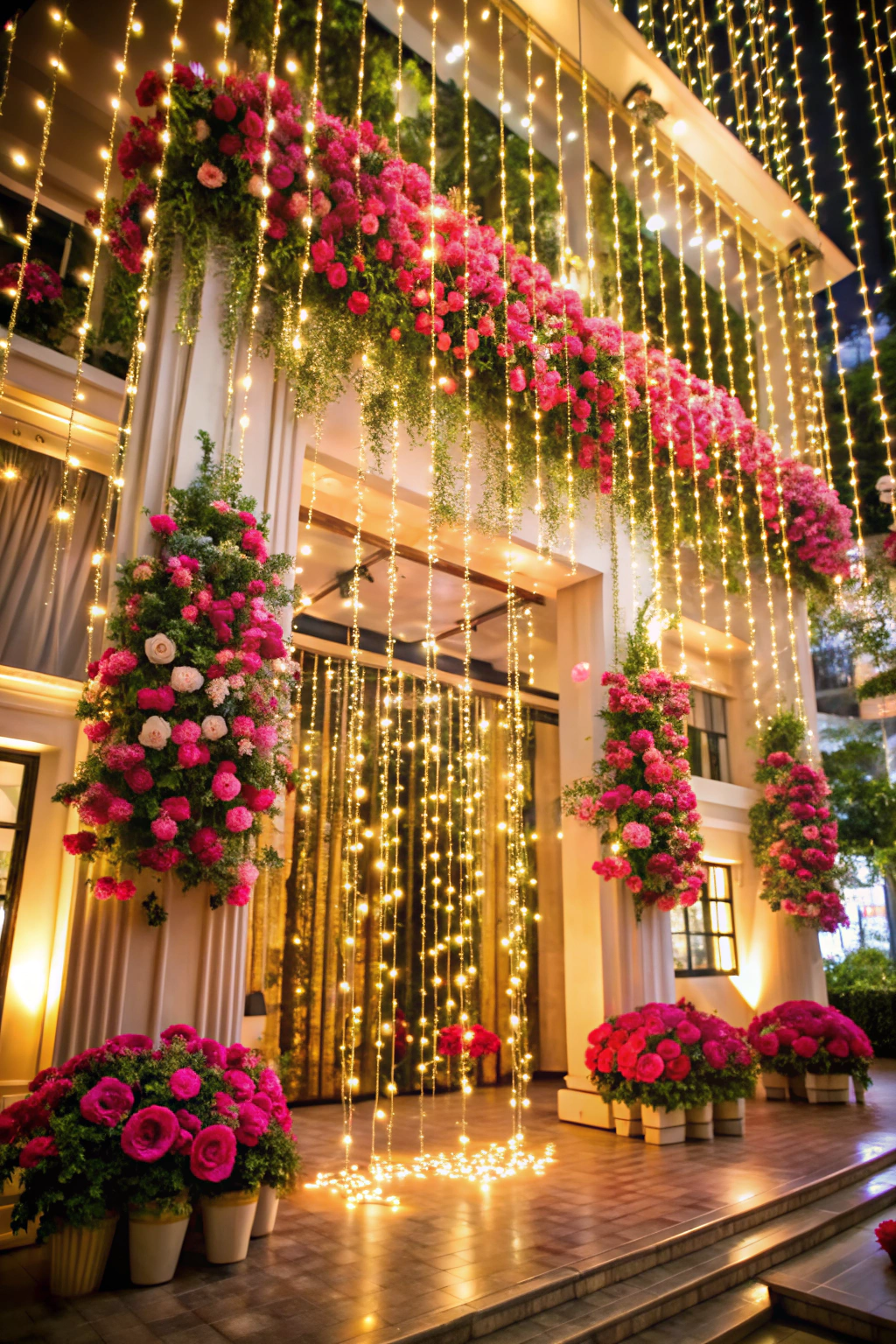 Lush floral decor with sparkling lights